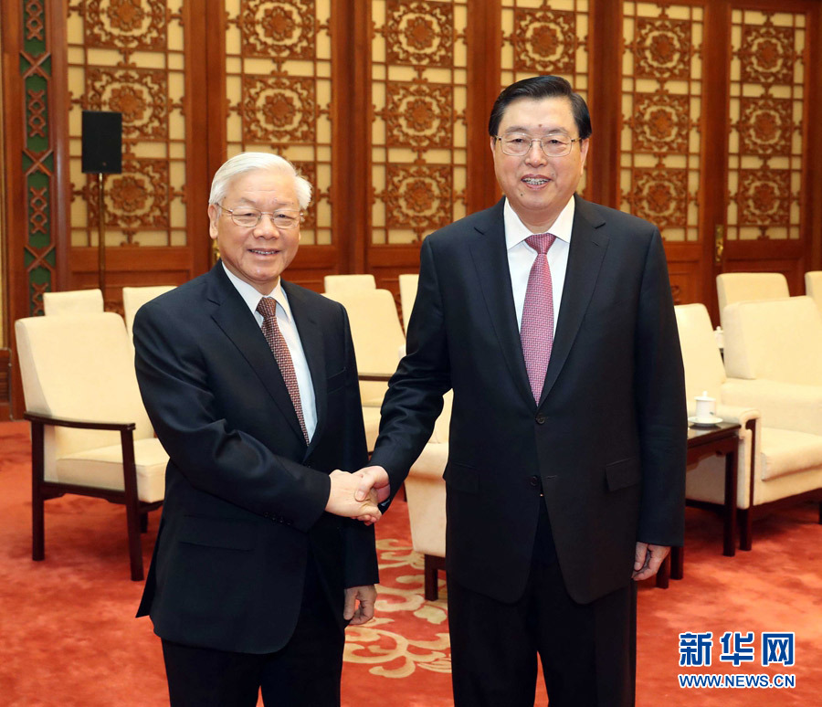 1月13日，中共中央政治局常委、全國人大常委會委員長張德江在北京人民大會堂會見越共中央總書記阮富仲。 新華社記者 劉衛(wèi)兵 攝