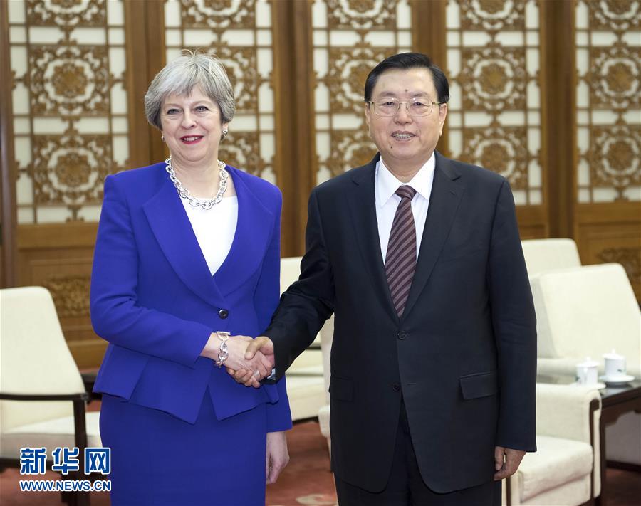 2月1日，全國人大常委會委員長張德江在北京人民大會堂會見英國首相特雷莎·梅。新華社記者 李濤 攝