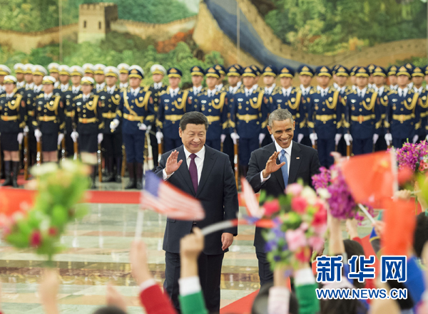 11月12日，國家主席習(xí)近平在北京人民大會堂舉行歡迎儀式，歡迎美國總統(tǒng)奧巴馬對中國進(jìn)行國事訪問。 新華社記者 黃敬文 攝