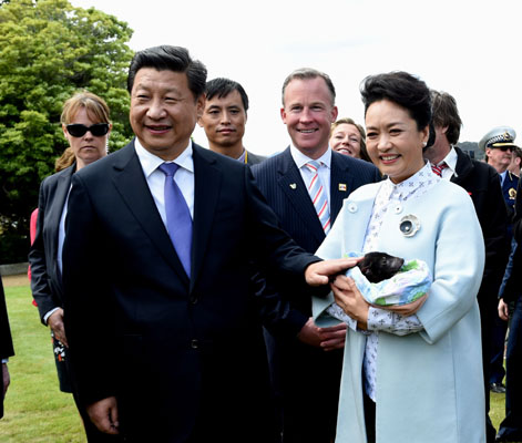 11月18日，國(guó)家主席習(xí)近平在澳大利亞塔斯馬尼亞州與朗塞斯頓市斯科奇－歐克伯恩小學(xué)的小學(xué)生共同植樹。這是習(xí)近平和夫人彭麗媛植樹后撫摸袋獾。新華社記者 饒愛民 攝