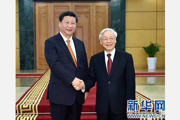 11月5日，中共中央總書記、國家主席習(xí)近平在河內(nèi)同越共中央總書記阮富仲舉行會(huì)談。 新華社記者李濤攝